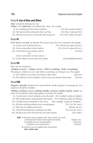Rule V Use of Else and Other
‘Else’ should be followed by ‘but’.
‘Other’ and ‘otherwise’ are followed by ‘than’. For example
(i) It is nothing else than sheer madness. (Use ‘but’ in place of ‘than’)
(ii) She had no other alternative but stay here. (Use ‘than’ in place of ‘but’)
(iii) She has no one else to look after her except me. (Use ‘but’ in place of ‘except’)
Rule VI
Both ‘never’ and ‘not’ are adverbs. The use of ‘never’ for ‘not’ is incorrect. For example
(i) I never went to Ooty last year. (Use ‘did not’ go in place of ‘never’)
(ii) I never remember to have said so. (Use ‘do not’ in place of ‘never’)
(iii) I remember never to have said so. (Correct)
Or
I don’t remember to have said so.
(iv) I never allow my son to go out in dark. (Correct/habitual action)
Rule VII
Note the use of phrases.
‘Seldom or never’, ’seldom, if ever’, ‘little or nothing’, ‘little, if anything’.
The phrases ‘seldom or ever’ and ‘little or anything’ are wrong in use. For example
(i) We seldom or ever meet our relatives these days. (Incorrect)
(ii) We seldom or never (seldom, if ever) meet our relatives these days. (Correct)
Rule VIII
Negative adverbs should not be used with the words negative in meaning. So, two
negatives should be avoided.
‘Seldom, nowhere, never, nothing, hardly, scarcely, neither, barely, rarely’ are
some of the adverbs expressing negative meaning. For example
(i) I rarely went to meet nobody across the road. (Use ‘anybody’ in place of ‘nobody’)
(ii) She hardly knows nothing about the family. (Use ‘anything’ in place of ‘nothing’)
(iii) I hardly know somebody in the town. (Say ‘anybody’ in place of ‘somebody’)
(iv) He does nothing without never consulting me. (Use ‘ever’ for ‘never’)
(v) They do not seldom come here. (Remove ‘do not’)
(vi) This will not help him, nothing never does. (Use ‘ever’ for ‘never’)
(vii) He does not write well and I do not write neither. (Say ‘either’)
I. Avoid the use of negative, with ‘deny, forbid’ and ‘both’.
(i) She denied that she had not given him books. (Delete ‘not’)
(ii) (a) Both of us are not going there. (Incorrect)
(b) Neither of us is going there. (Correct)
II. Avoid the use of negative with Conjuntions
until, unless, lest.
166 Objective General English
NOTE
 
