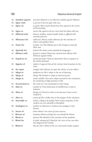 49. Antidote against (cure for) Quinine is an effective antidote against Malaria.
50. Agree with (a person) I do not agree with you.
51. Agree on (a point) After much discussion they agreed on the terms
of Partnership.
52. Agree to (views) He agreed to all my views but his father did not.
53. Afflicted with (disease, problem, mental trouble) India is afflicted with
extreme poverty.
54. Allowance for (allow for) Always make allowance for the mistake of
others and pardon them.
55. Atone for (a fault, sin) The Hindus go to the Ganga to atone for
their sins.
56. Aptitude for (talent) He shows some aptitude for languages.
57. Alliance with (joined or united) China has entered into alliance with
Pakistan against India.
58. Acquiesce in (accept passively) I had no alternative but to acquiesce in
his unfair demand.
59. Apprise of (inform) I apprised him of the serious food situation in the
state.
60. Act upon (comply with) Always act upon the advice of your elders.
61. Adept in (proficient in) He is adept in the art of dancing.
62. Adept at (thing) My brother is adept at classical music.
63. Adapt to (make suitable) You must adapt yourself to new situations
for attaining to high position in life.
64. Accustomed to (be used to) I am accustomed to early rising.
65. Akin to (similar to) Your behaviour of indifference is akin to
jealousy.
66. Alien to (foreign to) French is alien to me because I have never
studied it.
67. Alive to (aware of) He is fully alive to the danger of the situation.
68. Amenable to (advice, willing to be guided) Now-a-days majority of the
student are not amenable to discipline.
69. Analogous to (similar to) Jahanara’s wisdom was analogous to her
beauty.
70. Aware of (know about) I am aware of your success.
71. Beware of (cautious) Beware of dogs lest you should be bitten.
72. Blush at (praise) She blushed at the mention of her qualities.
73. Blush for (a fault, ashamed of) I blush for the vices of my son who
has disgraced the family.
74. Blind in (the eye) He is blind in left eye and needs major surgery.
180 Objective General English
 