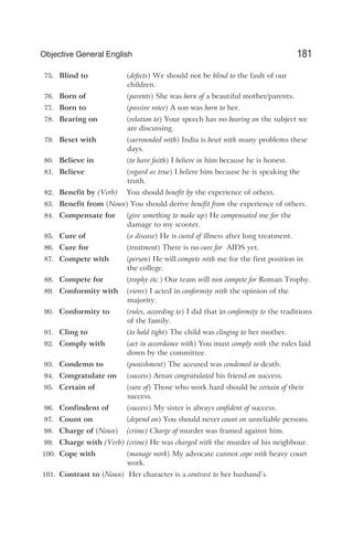 75. Blind to (defects) We should not be blind to the fault of our
children.
76. Born of (parents) She was born of a beautiful mother/parents.
77. Born to (passive voice) A son was born to her.
78. Bearing on (relation to) Your speech has no bearing on the subject we
are discussing.
79. Beset with (surrounded with) India is beset with many problems these
days.
80. Believe in (to have faith) I believe in him because he is honest.
81. Believe (regard as true) I believe him because he is speaking the
truth.
82. Benefit by (Verb) You should benefit by the experience of others.
83. Benefit from (Noun) You should derive benefit from the experience of others.
84. Compensate for (give something to make up) He compensated me for the
damage to my scooter.
85. Cure of (a disease) He is cured of illness after long treatment.
86. Cure for (treatment) There is no cure for AIDS yet.
87. Compete with (person) He will compete with me for the first position in
the college.
88. Compete for (trophy etc.) Our team will not compete for Roman Trophy.
89. Conformity with (views) I acted in conformity with the opinion of the
majority.
90. Conformity to (rules, according to) I did that in conformity to the traditions
of the family.
91. Cling to (to hold tight) The child was clinging to her mother.
92. Comply with (act in accordance with) You must comply with the rules laid
down by the committee.
93. Condemn to (punishment) The accused was condemed to death.
94. Congratulate on (success) Arnav congratulated his friend on success.
95. Certain of (sure of) Those who work hard should be certain of their
success.
96. Confindent of (success) My sister is always confident of success.
97. Count on (depend on) You should never count on unreliable persons.
98. Charge of (Noun) (crime) Charge of murder was framed against him.
99. Charge with (Verb) (crime) He was charged with the murder of his neighbour.
100. Cope with (manage work) My advocate cannot cope with heavy court
work.
101. Contrast to (Noun) Her character is a contrast to her husband’s.
181
Objective General English
 