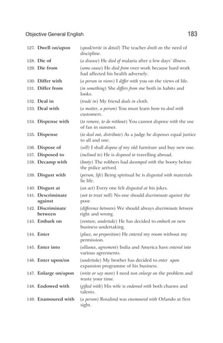 127. Dwell on/upon (speak/write in detail) The teacher dwelt on the need of
discipline.
128. Die of (a disease) He died of malaria after a few days’ illness.
129. Die from (some cause) He died from over work because hard work
had affected his health adversely.
130. Differ with (a person in views) I differ with you on the views of life.
131. Differ from (in something) She differs from me both in habits and
looks.
132. Deal in (trade in) My friend deals in cloth.
133. Deal with (a matter, a person) You must learn how to deal with
customers.
134. Dispense with (to remove, to do without) You cannot dispense with the use
of fan in summer.
135. Dispense (to deal out, distribute) As a judge he dispenses equal justice
to all and one.
136. Dispose of (sell) I shall dispose of my old furniture and buy new one.
137. Disposed to (inclined to) He is disposed to travelling abroad.
138. Decamp with (booty) The robbers had decamped with the booty before
the police arrived.
139. Disgust with (person, life) Being spiritual he is disgusted with materials
lie life.
140. Disgust at (an act) Every one felt disgusted at his jokes.
141. Descriminate (not to treat well) No one should discriminate against the
poor.
against
142. Discriminate (difference between) We should always discriminate between
right and wrong.
between
143. Embark on (venture, undertake) He has decided to embark on new
business undertaking.
144. Enter (place, no preposition) He entered my room without my
permission.
145. Enter into (alliance, agreement) India and America have entered into
various agreements.
146. Enter upon/on (undertake) My brother has decided to enter upon
expansion programme of his business.
147. Enlarge on/upon (write or say more) I need not enlarge on the problem and
waste your time.
148. Endowed with (gifted with) His wife is endowed with both charms and
talents.
149. Enamoured with (a person) Rosalind was enamoured with Orlando at first
sight.
183
Objective General English
 