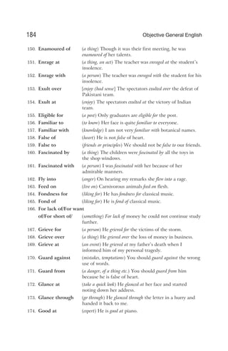 150. Enamoured of (a thing) Though it was their first meeting, he was
enamoured of her talents.
151. Enrage at (a thing, an act) The teacher was enraged at the student’s
insolence.
152. Enrage with (a person) The teacher was enraged with the student for his
insolence.
153. Exult over [enjoy (bad sense] The spectators exulted over the defeat of
Pakistani team.
154. Exult at (enjoy) The spectators exulted at the victory of Indian
team.
155. Eligible for (a post) Only graduates are eligible for the post.
156. Familiar to (to know) Her face is quite familiar to everyone.
157. Familiar with (knowledge) I am not very familiar with botanical names.
158. False of (heart) He is not false of heart.
159. False to (friends or principles) We should not be false to our friends.
160. Fascinated by (a thing) The children were fascinated by all the toys in
the shop windows.
161. Fascinated with (a person) I was fascinated with her because of her
admirable manners.
162. Fly into (anger) On hearing my remarks she flew into a rage.
163. Feed on (live on) Carnivorous animals feed on flesh.
164. Fondness for (liking for) He has fondness for classical music.
165. Fond of (liking for) He is fond of classical music.
166. For lack of/For want
of/For short of/ (something) For lack of money he could not continue study
further.
167. Grieve for (a person) He grieved for the victims of the storm.
168. Grieve over (a thing) He grieved over the loss of money in business.
169. Grieve at (an event) He grieved at my father’s death when I
informed him of my personal tragedy.
170. Guard against (mistakes, temptations) You should guard against the wrong
use of words.
171. Guard from (a danger, of a thing etc.) You should guard from him
because he is false of heart.
172. Glance at (take a quick look) He glanced at her face and started
noting down her address.
173. Glance through (go through) He glanced through the letter in a hurry and
handed it back to me.
174. Good at (expert) He is good at piano.
184 Objective General English
 