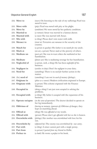 232. Move to (tears) On listening to the tale of my sufferings Pearl was
moved to tears.
233. Move with (pity) Pearl was moved with pity at his plight.
234. Move by (condition) We were moved by her pathetic condition.
235. Married to (a woman) Arnav was married to a famous doctor.
236. Married with (a man) She was married with Arnav.
237. Mix with (a thing) Please don’t mix water with milk.
238. Menace to (treat to) Terrorists are menance to the security of the
country.
239. Match for (a person in quality) His father is no match for my uncle.
240. Mock at (an act, a person) Never mock at the poverty of others.
241. Meditate on (past act) She was in tears when she meditated on her
humiliation.
242. Meditate (future act) She is meditating revenge for her humiliation.
243. Neglectful of (a person, work, a thing) He has been neglectful of his
business.
244. Negligent in (careless in duty) Don’t be negligent in your duty.
245. Need for (something) There is no need for further action in the
matter.
246. (In) need of (something) I am not in need of money (feelings).
247. Originate in (place as a source) Modern civilization originated in Europe.
248. Originate with (a person) This scheme originated with the Finance
Minister.
249. Occupied in (doing a thing) I am just now occupied in solving the
problems.
250. Occupied with (a thing) My father is occupied with the expansion of his
business.
251. Operate on/upon (in the sense of operation) The doctor decided to operate on
her leg immediately.
252. Oblivious of (having no memory, ignorant of) Oblivious of danger, they
kept on marching ahead.
253. Offend at (thing) He was offended at my words.
254. Offend with (person) Please don’t get offended with her as she is honest.
255. Overwhelm with (feelings) Her mother was overwhelmed with love for his
son.
256. Overwhelm by (defeated by) The enemy was overwhelmed by our army.
257. Part with (a thing) A miser cannot part with a single penny.
258. Part from (a person) I parted from my friend in Delhi.
259. Preface to (a book) He wrote a preface to his book.
187
Objective General English
 