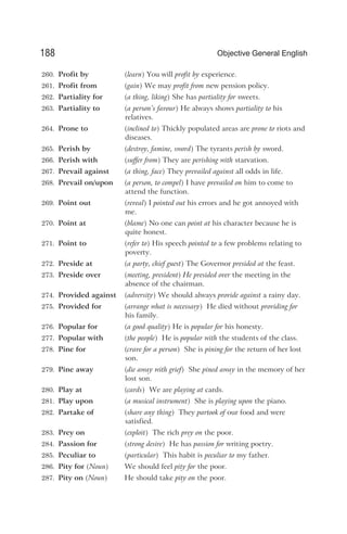 260. Profit by (learn) You will profit by experience.
261. Profit from (gain) We may profit from new pension policy.
262. Partiality for (a thing, liking) She has partiality for sweets.
263. Partiality to (a person’s favour) He always shows partiality to his
relatives.
264. Prone to (inclined to) Thickly populated areas are prone to riots and
diseases.
265. Perish by (destroy, famine, sword) The tyrants perish by sword.
266. Perish with (suffer from) They are perishing with starvation.
267. Prevail against (a thing, face) They prevailed against all odds in life.
268. Prevail on/upon (a person, to compel) I have prevailed on him to come to
attend the function.
269. Point out (reveal) I pointed out his errors and he got annoyed with
me.
270. Point at (blame) No one can point at his character because he is
quite honest.
271. Point to (refer to) His speech pointed to a few problems relating to
poverty.
272. Preside at (a party, chief guest) The Governor presided at the feast.
273. Preside over (meeting, president) He presided over the meeting in the
absence of the chairman.
274. Provided against (adversity) We should always provide against a rainy day.
275. Provided for (arrange what is necessary) He died without providing for
his family.
276. Popular for (a good quality) He is popular for his honesty.
277. Popular with (the people) He is popular with the students of the class.
278. Pine for (crave for a person) She is pining for the return of her lost
son.
279. Pine away (die away with grief) She pined away in the memory of her
lost son.
280. Play at (cards) We are playing at cards.
281. Play upon (a musical instrument) She is playing upon the piano.
282. Partake of (share any thing) They partook of our food and were
satisfied.
283. Prey on (exploit) The rich prey on the poor.
284. Passion for (strong desire) He has passion for writing poetry.
285. Peculiar to (particular) This habit is peculiar to my father.
286. Pity for (Noun) We should feel pity for the poor.
287. Pity on (Noun) He should take pity on the poor.
188 Objective General English
 