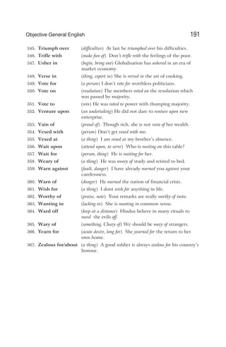 345. Triumph over (difficulties) At last he triumphed over his difficulties.
346. Trifle with (make fun of) Don’t trifle with the feelings of the poor.
347. Usher in (begin, bring out) Globalisation has ushered in an era of
market economy.
348. Verse in (thing, expert in) She is versed in the art of cooking.
349. Vote for (a person) I don’t vote for worthless politicians.
350. Vote on (resolution) The members voted on the resolution which
was passed by majority.
351. Vote to (win) He was voted to power with thumping majority.
352. Venture upon (an undertaking) He did not dare to venture upon new
enterprise.
353. Vain of (proud of) Though rich, she is not vain of her wealth.
354. Vexed with (person) Don’t get vexed with me.
355. Vexed at (a thing) I am vexed at my brother’s absence.
356. Wait upon (attend upon, to serve) Who is waiting on this table?
357. Wait for (person, thing) He is waiting for her.
358. Weary of (a thing) He was weary of study and retired to bed.
359. Warn against (fault, danger) I have already warned you against your
carelessness.
360. Warn of (danger) He warned the nation of financial crisis.
361. Wish for (a thing) I dont wish for anything in life.
362. Worthy of (praise, note) Your remarks are really worthy of note.
363. Wanting in (lacking in) She is wanting in common sense.
364. Ward off (keep at a distance) Hindus believe in many rituals to
ward the evils off.
365. Wary of (something, Chary of) We should be wary of strangers.
366. Yearn for (acute desire, long for) She yearned for the return to her
own home.
367. Zealous for/about (a thing) A good soldier is always zealous for his country’s
honour.
191
Objective General English
 