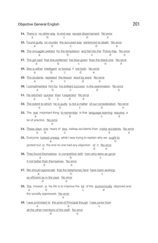 24. There is no other way to end war except disarmament. No error
a b c d e
25. Found guilty on murder the accused was sentenced to death. No error
a b c d e
26. The smuggler yielded for the temptation and fell into the Police trap. No error
a b c d e
27. The girl said that she preferred the blue gown than the black one. No error
a b c d e
28. She is either intelligent or honest, if not both. No error
a b c d e
29. The students repeated the lesson word by word. No error
a b c d e
30. I complimented him for his brilliant success in the examination. No error
a b c d e
31. He returned quicker than I expected. No error
a b c d e
32. The extent to which he is guilty is not a matter of our consideration. No error
a b c d e
33. The real important thing to remember is that language learning requires a
a b c d
lot of practice. No error
e
34. These days one hears of less railway accidents than motor accidents. No error
a b c d e
35. Everyone looked uneasy while I was trying to explain why we ought to
a b
protest but in the end no one had any objection of it. No error
c d e
36. They found themselves in competition with men who were as good
a b c
if not better than themselves. No error
d e
37. We should appreciate that the telephones here have been working
a b c
as efficient as in the past. No error
d e
38. The mission in his life is to improve the lot of the economically deprived and
a b c d
the socially oppressed. No error
e
39. I was promoted to the post of Principal though I was junior than
a b c
all the other members of the staff. No error
d e
201
Objective General English
 