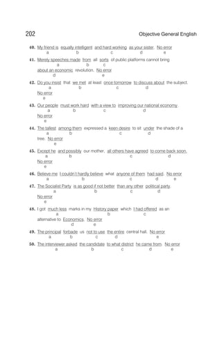 40. My friend is equally intelligent and hard working as your sister. No error
a b c d e
41. Merely speeches made from all sorts of public platforms cannot bring
a b c
about an economic revolution. No error
d e
42. Do you insist that we met at least once tomorrow to discuss about the subject.
a b c d
No error
e
43. Our people must work hard with a view to improving our national economy.
a b c d
No error
e
44. The tallest among them expressed a keen desire to sit under the shade of a
a b c d
tree. No error
e
45. Except he and possibly our mother, all others have agreed to come back soon.
a b c d
No error
e
46. Believe me I couldn’t hardly believe what anyone of them had said. No error
a b c d e
47. The Socialist Party is as good if not better than any other political party.
a b c d
No error
e
48. I got much less marks in my History paper which I had offered as an
a b c
alternative to Economics. No error
d e
49. The principal forbade us not to use the entire central hall. No error
a b c d e
50. The interviewer asked the candidate to what district he came from. No error
a b c d e
202 Objective General English
 