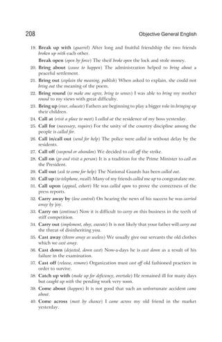 19. Break up with (quarrel) After long and fruitful friendship the two friends
broken up with each other.
Break open (open by force) The theif broke open the lock and stole money.
20. Bring about (cause to happen) The administration helped to bring about a
peaceful settlement.
21. Bring out (explain the meaning, publish) When asked to explain, she could not
bring out the meaning of the poem.
22. Bring round (to make one agree, bring to senses) I was able to bring my mother
round to my views with great difficulty.
23. Bring up (rear, educate) Fathers are beginning to play a bigger role in bringing up
their children.
24. Call at (visit a place to meet) I called at the residence of my boss yesterday.
25. Call for (necessary, require) For the unity of the country discipline among the
people is called for.
26. Call in/call out (send for help) The police were called in without delay by the
residents.
27. Call off (suspend or abandon) We decided to call off the strike.
28. Call on (go and visit a person) It is a tradition for the Prime Minister to call on
the President.
29. Call out (ask to come for help) The National Guards has been called out.
30. Call up (to telephone, recall) Many of my friends called me up to congratulate me.
31. Call upon (appeal, exhort) He was called upon to prove the correctness of the
press reports.
32. Carry away by (lose control) On hearing the news of his success he was carried
away by joy.
33. Carry on (continue) Now it is difficult to carry on this business in the teeth of
stiff competition.
34. Carry out (implement, obey, execute) It is not likely that your father will carry out
the threat of disinheriting you.
35. Cast away (throw away as useless) We usually give our servants the old clothes
which we cast away.
36. Cast down (dejected, down cast) Now-a-days he is cast down as a result of his
failure in the examination.
37. Cast off (release, remove) Organization must cast off old fashioned practices in
order to survive.
38. Catch up with (make up for deficiency, overtake) He remained ill for many days
but caught up with the pending work very soon.
39. Come about (happen) It is not good that such an unfortunate accident came
about.
40. Come across (meet by chance) I came across my old friend in the market
yesterday.
208 Objective General English
 