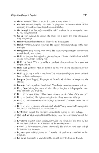 93. Go on (continue) There is no need to go on arguing about it.
94. Go over (examine carefully, look over) On going over the balance sheet of the
company the auditors have found serious mistakes.
95. Go through (read hurriedly, endure) He didn’t lend me the newspaper because
he was going through it.
96. Go up (rise, increase) As a result of a sharp rise in prices the price of washing
soap has gone up.
97. Hand out (distribute) Hand out the books to the students.
98. Hand over (give charge or authority) He has not handed over charge to the new
manager.
99. Hang about (stay waiting, roam about) The boys hanging about girls’ hostel were
rounded up by the police.
100. Hold on (carry on, bear difficulties, persist) Inspite of financial difficulties he held
on and succeeded in the long run.
101. Hold out (resist) When the robbers ran short of ammunition, they could no
longer hold out.
102. Hold over (postpone) Most of the bills are held over till the next session of the
Parliament.
103. Hold up (to stop in order to rob, delay) The terrorists held up the motor car and
kept the ladies as hostages.
104. Jump at (accept happily) He jumped at the offer of his boss to accept the job
abroad.
105. Jump to (arrive suddenly [conclusion]) You should never jump to conclusions.
106. Keep from (refrain from, not to mix with) Always keep from selfish people because
they can harm you anytime.
107. Keep off (keep at a distance) There was a notice at the site, “Keep off the bushes.”
108. Keep on (continue) She kept on crying inspite of my assurance of help.
109. Keep up (maintain) Always try to keep up the standard of life even in the face of
crises.
110. Keep up with (try to move with, not to fall behind) Young men should keep up with
the latest development in international field.
111. Lay by (save money) The wise men always lay by money for their old age.
112. (Be) Laid up with (confined to bed) She is not going out as she is laid up with the
flu.
113. Lay down (establish a rule, sacrifice, surrender) The conditions laid down by the
Department of Health were violated by the nursing homes.
114. Lay off (to discontinue work, dismiss temporarily) The workers have been laid off
for want of raw material.
115. Lay out (plan building, garden etc.) A number of gardens were laid out by the
Moghuls.
116. Let down (humiliate, to lower down) We should never let down our friends.
211
Objective General English
 