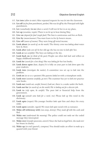 117. Let into (allow to enter) After repeated requests he was let into the classroom.
118. Let off (to free from punishment, pardon) She was let off by the Principal with light
punishment.
119. Let (somebody) in on (share a secret) I will not let her in on my plans.
120. Let up (cessation, respite) There is no let up in heat during May.
121. Live on (depend for food (staple food) The lion is carnivorous and lives on flesh.
122. Live by (means/manner) You must learn to live by honest means.
123. Live off (source of income) They were living off rental income.
124. Look about (in search of, on the watch) The thirsty crow was looking about water
here & there.
125. Look after (take care of) In her old age she has no one to look after her.
126. Look at (see carefully) The boys are looking at the sky.
127. Look back on (to think of the past) People can often look back and reflect on
happy childhood memories.
128. Look for (search for a lost thing) She was looking for her lost books.
129. Look down upon (hate, despise) It is folly on your part to look down upon the
poor students.
130. Look into (investigate the matter) A committee was set up to look into the
problem.
131. Look on (to see as a spectator) His parents looked on with a triumphant smile.
132. Look over (examine carefully, go over) The examiner has yet to look over practice
note books.
133. Look out (watch out, careful, beware) Look out, there is a snake under the bush.
134. Look out for (in search of, on the watch) He is looking out for a decent job.
135. Look to (rely upon, be careful) The poor look to financial help from the
government.
136. Look up (consult some book for a word, rise) Please look up this word in the
dictionary.
137. Look upto (respect) His younger brother looks upto him and obeys his every
order.
138. Look upon (consider, regard) We must look upon social evils as nuisance.
139. Make off with/away with (run away, destroy) They made off with the cash and
fled.
140. Make out (understand the meaning) The police could not make out the coded
message they intercepted.
141. Make over (transfer possession, convert) Since she had no legal heir, she made over
her house in charity.
142. Make up (to end (quarrel), compose) You should make an effort to make up a
quarrel with your friend.
212 Objective General English
 