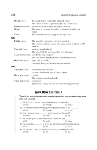 Offset (verb) do something to reduce the effect of others
The rise in income is generally offset by Income Tax.
Upset (noun, verb) an unexpected situation, unhappy, anxious
Noun The upset in the semi finals has completely dashed our
hopes.
Verb The behaviour of her daughter has upset her.
Take
Intake (noun) The quantity or number taken in a period.
The famous institute in our city has a yearly intake of 1,500
students.
Take-off (noun) leaving ground (plane)
The take-off of the aeroplane has been delayed.
Take-over (noun) an offer to buy company
The take-over of Sahara Airlines has been finalised.
Overtake (verb) to go past a vehicle
Overtaking heavy vehicles is sometimes fatal.
Turn
Turnover (noun) amount received for sale
He has a turnover of about 5 lakh a year.
Overturn (noun) capsize
The boat overturned and sank.
Turn-out (noun) attendance
There was a heavy turn-out for the opening ceremony.
Work Book Exercise A
Directions Fill up the blanks with suitable prepositions from the alternatives given
under each sentence.
1. He didn’t lend me the newspaper because he was going ............... it.
(a) over (b) through (c) about
2. For want of sufficient funds your new project is likely to fall ............... .
(a) out (b) through (c) under
3. How have you come ............... such a precious diamond?
(a) across (b) upon (c) by
4. We usually give our servants the old clothes we cast ............... .
(a) off (b) aside (c) away
5. He was called ............... to prove the correctness of the press reports.
(a) up (b) on (c) upon
6. For the unity of the country discipline among the people is called ............... .
(a) forth (b) for (c) out
218 Objective General English
 