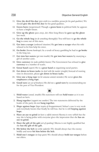 11. Give the devil his due (give credit to a worthless person for his good qualities) We
should give the devil his due for his good qualities.
12. Green horn (inexperienced) Though a green horn in political field, he appears
to have a bright future.
13. Give up the ghost (pass away, die) After long illness he gave up the ghost
last week.
14. Go the whole hog (to do something thoroughly) You will have to go the whole
hog to come out of this mess.
15. Get into a scrape (awkward situation) He got into a scrape when his wife
refused to let him help his sister.
16. Go broke (become bankrupt) As a result of heavy gambling he had to go broke
in the long run.
17. Get into hot waters (get into trouble) He got into hot waters by marrying a
girl of another caste.
18. Give currency (to make publicly known) The Government has refused to give
currency to a number of scams.
19. Great hand (expert) He is a great hand at organising social parties.
20. Get down to brass tacks (to deal with the matter straight) Instead of wasting
time in discussion, please get down to brass tacks.
21. Give one a long rope (to let someone commit mistakes) He never gives his
employees a long rope.
22. Good turn (an act of kindness) He did me a good turn by recommending me
for the post of Vice-President.
H
1. Hold water (sound, tenable) His statement will not hold water as it is not
based on facts.
2. Hang together (support one another) The two statements delivered by the
leader of the party do not hang together.
3. Hope against hope (hope inspite of disappointment) Sohan’s case is very weak
and everybody knows that finally he will lose, but he is still hoping against
hope.
4. Have an axe to grind (to have a selfish interest) Reema is very selfish but the
way she is being polite with everyone gives the impression that she has an
axe to grind.
5. Have the gift of the gab (art of speaking) Meena is not highly qualified but
she has the gift of the gab.
6. Hit below the belt (to strike unfairly) We should always face the enemy
boldly and never hit him below the belt.
7. Hold one’s tongue (to keep quiet) We should always hold our tongue before
our elders.
230 Objective General English
 