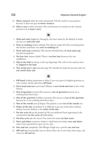 17. Mince matters (hide the truth and pretend) Tell the truth to your parents
because it does not pay to mince matters.
18. Mare’s nest (a false invention) The involvement of teachers in the scheme
proved to be a mare’s nest.
N
1. Null and void (ineffective) Strangely, the laws made by the British in India
are not yet null and void.
2. Next to nothing (almost nothing) The thieves made off with everything from
the kitchen and there was next to nothing left.
3. Neck and crop (completely) The decoits finished him off neck and crop
beyond recognition.
4. No love lost (intense dislike) There is no love lost between the two
neighbours.
5. Nip in the bud (to destroy in the very beginning) The evils of the society must
be nipped in the bud.
6. Not worth one’s salt (not deserving) We should not help the persons who are
not worth their salt.
O
1. Off hand (without preparation or delay) I am very poor in English grammar &
can’t answer all the questions off hand.
2. Over head and ears (excessively) Mohan is over head and ears in love with
Neena.
3. Out of question (certain) His success is out of question because he is
working hard these days.
4. Out of the question (unlikely, uncertain) His success is out of the question
because he is not working hard these days.
5. Out of the woods (out of danger) The patient is not out of the woods yet.
6. Order of the day (in fashion) It is difficult to get any work done without
bribery because bribery is the order of the day.
7. On the score of (on the grounds of) He was debarred from appearing in the
examination on the score of indiscipline.
8. On that score (for the reason) You need not worry on that score.
9. Over and above (moreover, besides) I shall lend you books over and above
what I have promised to give you in cash.
10. Out and out (completely) Shri Bhagat Singh was a patriot out and out.
11. Off and on [occasionally (now & then)] Since she is over busy these days, she
visits me off and on.
236 Objective General English
 