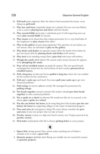 10. Pell-mell (great confusion) After the thieves had ransacked the house, every
thing was pell-mell.
11. Play fast and loose (repeatedly change one’s attitude) No one can trust Rohan
as he is used to playing fast and loose with his friends.
12. Play second fiddle to (to play a subordinate part) A self-respecting man can
never play second fiddle to anyone.
13. Play truant (to be absent from duty without permission) It is a very bad habit of
the employees to play truant from office.
14. Play to the gallery (to gain cheap popularity) The speeches of our leaders are
not sincere; they are intended to play to the gallery.
15. Play ducks and drakes (to squander money) After the death of his father he
got into heavy debt by playing ducks and drakes with money.
16. Play foul (to do something wrong) Don’t play foul with your well-wishers.
17. Plough the sands (futile labour) He cannot make money because he appears
to be ploughing the sands.
18. Pour oil on troubled waters (to pacify the matters) The two good friends
exchanged hot words but the intervention of their teacher poured oil on
troubled waters.
19. Pull a long face (to look sad) Seema pulled a long face when she was scolded
by her teacher for her carelssness.
20. Pull one’s socks up (work hard) You must pull your socks up to get over
financial problems.
21. Pull strings (to exercise influence secretly) He managed his promotion by
pulling strings.
22. Put heads together (consult seriously) Our leaders should put their heads
together to solve national problems.
23. Put a spoke in a wheel (to obstruct) He would not like me to succeed; so he
always put a spoke in a wheel.
24. Put the cart before the horse (to do wrong thing first) Our leaders put the cart
before the horse by neglecting villages in the name of industrial progress.
25. Pros and cons (for and against a thing) We must always consider the pros
and cons of any new project that we take in hand.
26. Pyrrhic victory (victory at a high cost) Greek victory over Trojans proved to be
pyrrhic victory.
27. Pick holes (to find fault with) He is always picking holes in every project.
Q
1. Queer fish (strange person) One cannot make anything out of Sohan’s
attitude as he is such a queer fish.
2. Quixotic project (foolishly ideal) Being not worldly wise he wasted his money
in quixotic projects.
238 Objective General English
 