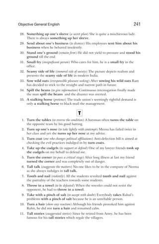 28. Something up one’s sleeve (a secret plan) She is quite a mischievous lady.
There is always something up her sleeve.
29. Send about one’s business (to dismiss) His employees sent him about his
business when he behaved insolently.
30. Stand one’s ground (remain firm) He did not yield to pressure and stood his
ground till the end.
31. Small fry (insignificant person) Who cares for him, he is a small fry in the
office.
32. Seamy side of life (immoral side of society) The picture depicts realism and
presents the seamy side of life in modern India.
33. Sow wild oats (irresponsible pleasure seeking) After sowing his wild oats Ram
has decided to stick to the straight and narrow path in future.
34. Spill the beans (to give information) Continuous interrogation finally made
the man spill the beans and the disaster was averted.
35. A stalking horse (pretence) The trade union’s seemingly rightful demand is
only a stalking horse to black-mail the management.
T
1. Turn the tables (to reverse the condition) A batsman often turns the table on
the opposite team by his good batting.
2. Turn up one’s nose (to take lightly with contempt) Meena has failed twice in
her class and yet she turns up her nose at my advice.
3. Turn coat (one who changes political affiliations) Anti-defection bill is aimed at
checking the evil practices indulged in by turn coats.
4. Take up the cudgels (to support or defend) One of my lawyer friends took up
the cudgels on my behalf to defend me.
5. Turn the corner (to pass a critical stage) After long illness at last my friend
turned the corner and was completely out of danger.
6. Tall talk (exaggerate the matters) No one likes to be in the company of Neema
as she always indulges in tall talk.
7. Tooth and nail (violently) All the students revolted tooth and nail against
the partiality of the teachers towards some students.
8. Throw in a towel (to be defeated) When the wrestler could not resist the
opponent, he had to throw in a towel.
9. Take with a pinch of salt (to accept with doubt) Everybody takes Rahul’s
problems with a pinch of salt because he is an unreliable person.
10. Turn a hair (show any reaction) Although his friends provoked him against
Rohit, he did not turn a hair and remained calm.
11. Tall stories (exaggerated stories) Since he retired from Army, he has been
famous for his tall stories which regale the villagers.
241
Objective General English
 