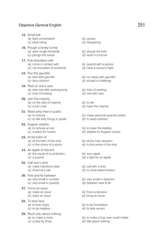 15. Small talk
(a) light conversation (b) gossip
(c) back biting (d) whispering
16. Plough a lonely furrow
(a) work single handedly (b) plough the field
(c) plough the sands (d) work in a furrow
17. Rub shoulders with
(a) come in contact with (b) quarrel with a person
(c) rub shoulders of someone (d) have a cause to fight
18. Run the gauntlet
(a) lash with gauntlet (b) run away with gauntlet
(c) face criticism (d) accept a challenge
19. Rest on one’s oars
(a) take rest after working long (b) tired of working
(c) tired of boating (d) rest with oars
20. Join the majority
(a) on the side of majority (b) to die
(c) a turn coat (d) have the majority
21. Wash dirty linen in public
(a) to criticise (b) make personal quarrels public
(c) to talk dirty things in public (d) to wash clothers
22. Augean stables
(a) to remove an evil (b) to clean the stables
(c) a place for horses (d) stables for Augean horses
23. At the helm of
(a) at the helm of the ship (b) at the main situation
(c) in the centre of a storm (d) in the centre of the ship
24. An apple of discord
(a) the cause of a contention (b) sour apple
(c) a quarrel (d) a fight for an apple
25. Call one’s shot
(a) make intentions clear (b) call with a shot
(c) shoot at a call (d) to show determination
26. Few and far between
(a) very small in number (b) very small in distance
(c) very small in quantity (d) between near & far
27. Force an issue
(a) make an issue (b) force a decision
(c) solve an issue (d) bring an issue
28. To lose face
(a) to look angry (b) to be humiliated
(c) to be helpless (d) to look vacant
29. Much ado about nothing
(a) to make a noise (b) to make a fuss over small matter
(c) a play by Shaw (d) talk about nothing
251
Objective General English
 