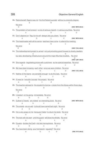 10. Rabindranath Tagore was not the first Nobel Laureate without a university degree.
a b c
No error
d [SSC MTS 2013]
11. The problem of soil erosion is one of serious imports in various countries. No error
a b c d
12. Don’t depend on Raju for he will alwayrs lets you down. No error
a b c d [SSC MTS 2013]
13. The headmaster with all his senior teachers have come to attend the meeting.
a b c
No error
d [SSC CGL 2013]
14. The redevelopment project is aimed not just providing good houses to shanty dwellers
a b
but also developing infrastructure around the major Mumbai localists. No error
c d
[SSC LDC 2013]
15. She regards negotiating prices with customers as her special expertise. No error
a b c d
16. We have been knowing each other since we were children. No error
a b c d [SSC CGL 2013]
17. Neither of the teams are sensible enough to do this task. No error
a b c d
18. If I was he I wouldn’t accept the project. No error
a b c d
19. The teacher advised to the student to borrow a book from the library within three days.
a b c
No error
d
20. I insisted on his going immediately. No error
a b c d
21. Gulliver’s Travels’ are indeed an interesting book. No error [SSC MTS 2013]
a b c d
22. The streets are so wet it should have rained last night. No error
a b c d
23. He is very angry on me because I failed to return his book. No error
a b c d
24. The train will not start until the guard will blow the whistle. No error
a b c d
25. Equator divides the Earth into two hemispheres. No error
a b c d
26. You have been doing your homework regularly? No error
a b c d [SSC FCI 2012]
306 Objective General English
 