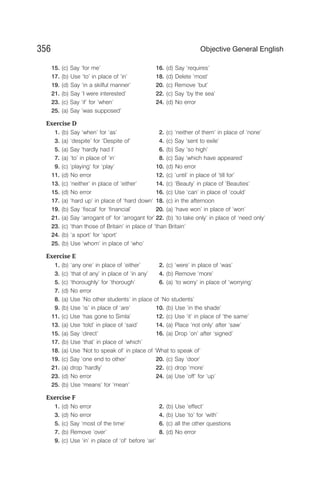 15. (c) Say ‘for me’ 16. (d) Say ‘requires’
17. (b) Use ‘to’ in place of ‘in’ 18. (d) Delete ‘most’
19. (d) Say ‘in a skilful manner’ 20. (c) Remove ‘but’
21. (b) Say ‘I were interested’ 22. (c) Say ‘by the sea’
23. (c) Say ‘if’ for ‘when’ 24. (d) No error
25. (a) Say ‘was supposed’
Exercise D
1. (b) Say ‘when’ for ‘as’ 2. (c) ‘neither of them’ in place of ‘none’
3. (a) ‘despite’ for ‘Despite of’ 4. (c) Say ‘sent to exile’
5. (a) Say ‘hardly had I’ 6. (b) Say ‘so high’
7. (a) ‘to’ in place of ‘in‘ 8. (c) Say ‘which have appeared’
9. (c) ‘playing’ for ‘play’ 10. (d) No error
11. (d) No error 12. (c) ‘until’ in place of ‘till for’
13. (c) ‘neither’ in place of ‘either’ 14. (c) ‘Beauty’ in place of ‘Beauties’
15. (d) No error 16. (c) Use ‘can’ in place of ‘could’
17. (a) ‘hard up’ in place of ‘hard down‘ 18. (c) in the afternoon
19. (b) Say ‘fiscal’ for ‘financial’ 20. (a) ‘have won’ in place of ‘won’
21. (a) Say ‘arrogant of’ for ‘arrogant for’ 22. (b) ‘to take only‘ in place of ‘need only’
23. (c) ‘than those of Britain’ in place of ‘than Britain’
24. (b) ‘a sport’ for ‘sport‘
25. (b) Use ‘whom’ in place of ‘who’
Exercise E
1. (b) ‘any one’ in place of ‘either’ 2. (c) ‘were’ in place of ‘was’
3. (c) ‘that of any’ in place of ‘in any’ 4. (b) Remove ‘more’
5. (c) ‘thoroughly’ for ‘thorough’ 6. (a) ‘to worry’ in place of ‘worrying’
7. (d) No error
8. (a) Use ‘No other students’ in place of ‘No students’
9. (b) Use ‘is’ in place of ‘are’ 10. (b) Use ‘in the shade’
11. (c) Use ‘has gone to Simla’ 12. (c) Use ‘it’ in place of ‘the same’
13. (a) Use ‘told’ in place of ‘said’ 14. (a) Place ‘not only’ after ‘saw’
15. (a) Say ‘direct’ 16. (a) Drop ‘on’ after ‘signed’
17. (b) Use ‘that’ in place of ‘which’
18. (a) Use ‘Not to speak of’ in place of ‘What to speak of’
19. (c) Say ‘one end to other’ 20. (c) Say ‘door’
21. (a) drop ‘hardly’ 22. (c) drop ‘more’
23. (d) No error 24. (a) Use ‘off’ for ‘up’
25. (b) Use ‘means’ for ‘mean’
Exercise F
1. (d) No error 2. (b) Use ‘effect’
3. (d) No error 4. (b) Use ‘to’ for ‘with’
5. (c) Say ‘most of the time’ 6. (c) all the other questions
7. (b) Remove ‘over’ 8. (d) No error
9. (c) Use ‘in’ in place of ‘of’ before ‘air’
356 Objective General English
 