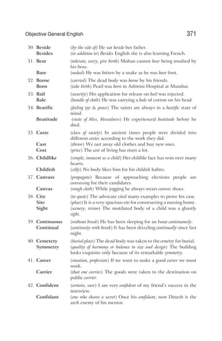 30. Beside (by the side of) He sat beside her father.
Besides (in addition to) Besides English she is also learning French.
31. Bear (tolerate, carry, give birth) Mohan cannot bear being insulted by
his boss.
Bare (naked) He was bitten by a snake as he was bare foot.
32. Borne (carried) The dead body was borne by his friends.
Born (take birth) Pearl was born in Ashwini Hospital at Mumbai.
33. Bail (security) His application for release on bail was rejected.
Bale (bundle of cloth) He was carrying a bale of cotton on his head.
34. Beatific (feeling joy & peace) The saints are always in a beatific state of
mind.
Beatitude (state of bliss, blessedness) He experienced beatitude before he
died.
35. Caste (class of society) In ancient times people were divided into
different castes according to the work they did.
Cast (throw) We cast away old clothes and buy new ones.
Cost (price) The cost of living has risen a lot.
36. Childlike (simple, innocent as a child) Her childlike face has won over many
hearts.
Childish (silly) No body likes him for his childish habits.
37. Canvass (propagate) Because of approaching elections people are
canvassing for their candidates.
Canvas (rough cloth) While jogging he always wears canvas shoes.
38. Cite (to quote) The advocate cited many examples to prove his case.
Site (place) It is a very spacious site for constructing a nursing home.
Sight (scenery, vision) The mutilated body of a child was a ghastly
sight.
39. Continuous (without break) He has been sleeping for an hour continuously.
Continual (continuity with break) It has been drizzling continually since last
night.
40. Cemetery (burial place) The dead body was taken to the cemetry for burial.
Symmetry (quality of harmony or balance in size and design) The building
looks exquisite only because of its remarkable symmetry.
41. Career (vocation, profession) If we want to make a good career we must
work.
Carrier (that one carries) The goods were taken to the destination on
public carrier.
42. Confident (certain, sure) I am very confident of my friend’s success in the
interview.
Confidant (one who shares a secret) Once his confidant, now Dinesh is the
arch enemy of his mentor.
371
Objective General English
 