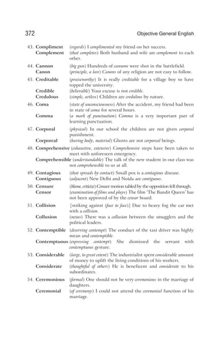 43. Compliment (regards) I complimented my friend on her success.
Complement (that completes) Both husband and wife are complement to each
other.
44. Cannon (big gun) Hundreds of cannons were shot in the battlefield.
Canon (principle, a law) Canons of any religion are not easy to follow.
45. Creditable (praiseworthy) It is really creditable for a village boy to have
topped the university.
Credible (believable) Your excuse is not credible.
Credulous (simple, artless) Children are credulous by nature.
46. Coma (state of unconsciousness) After the accident, my friend had been
in state of coma for several hours.
Comma (a mark of punctuation) Comma is a very important part of
learning punctuation.
47. Corporal (physical) In our school the children are not given corporal
punishment.
Corporeal (having body, material) Ghosts are not corporeal beings.
48. Comprehensive (exhaustive, extensive) Comprehensive steps have been taken to
meet with unforeseen emergency.
Comprehensible (understandable) The talk of the new student in our class was
not comprehensible to us at all.
49. Contagious (that spreads by contact) Small pox is a contagious disease.
Contiguous (adjacent) New Delhi and Noida are contiguous.
50. Censure (blame, criticize) Censure motion tabled by the opposition fell through.
Censor (examination of films and plays) The film ‘The Bandit Queen’ has
not been approved of by the censor board.
51. Collision [striking against (face to face)] Due to heavy fog the car met
with a collision.
Collusion (nexus) There was a collusion between the smugglers and the
political leaders.
52. Contemptible (deserving contempt) The conduct of the taxi driver was highly
mean and contemptible.
Contemptuous (expressing contempt) She dismissed the servant with
contemptuous gesture.
53. Considerable (large, to great extent) The industrialist spent considerable amount
of money to uplift the living conditions of his workers.
Considerate (thoughtful of others) He is beneficent and considerate to his
subordinates.
54. Ceremonious (formal) One should not be very ceremonious in the marriage of
daughters.
Ceremonial (of ceremony) I could not attend the ceremonial function of his
marriage.
372 Objective General English
 