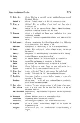 78. Defective (having defect) As he met with a severe accident last year, one of
his legs is defective.
Deficient (lacking) Though young he is deficient in common sense.
79. Diverse (different) The two children of one family may have diverse
temperaments.
Divers (several) (i) He has consulted divers doctors about his disease.
(ii) Those, who dive into river/sea, are divers.
80. Deduce (infer) It is difficult to deduce any conclusion from your
ambiguous remarks.
Deduct (subtract) Two days’ wages will be deducted from your monthly
salary.
81. Deliverance (freedom, emancipation) Lord Buddha preached eight fold path
to attain deliverance from sorrows of life.
Delivery (giving letters etc.) The delivery of the letter was just in time.
82. Decry (criticize) The foreign policy of the Congress party has always
been decried.
Descry (dimly seen) We could descry only a traveller in the bleak evening.
83. Defy (violate) How dare you defy my orders?
Deify (to worship) Swami Vivekananda is deified by every Indian.
84. Doze (sleep) The teacher caught him dozing in the class.
Dose (of medicine) You should not take heavy dose of medicine.
85. Dam (barrier built to reserve water) A dam has been built on the river.
Damn (condemn) The book was damned by the critics.
86. Diversion (change in direction) There is a diversion on the road ahead.
Diversity (variety) Diversity is the chief feature of our civilisation.
87. Enviable (causing envy) All the people are jealous because of his enviable
position in the society.
Envious (feeling of envy) Her friends were envious of her success in the
medical entrance examination.
88. Exception (objection) There are always exceptions to rules in every language.
Exceptional (rare, to a large extent) In his own class Rohit is a boy of
exceptional abilities.
Exceptionable (objectionable) I objected to her exceptionable remarks against my
parents.
89. Eminent (famous) Shakespeare was an eminent playwright.
Imminent (impending) Third world war is imminent.
Immanent (present everywhere) Divine force is immanent in universe.
90. Eligible (fit to be chosen) Untrustworthy people are not eligible for
responsible posts.
Illegible (that cannot be read) I can’t read this letter as her handwriting is
illegible.
375
Objective General English
 