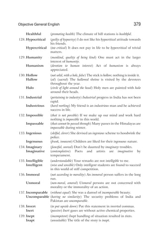 Healthful (promoting health) The climate of hill stations is healthful.
128. Hypocritical (guilty of hypocrisy) I do not like his hypocritical attitude towards
his friends.
Hypercritical (too critical) It does not pay in life to be hypercritical of trivial
matters.
129. Humanity (mankind, quality of being kind) One must act in the larger
interest of humanity.
Humanism (devotion to human interest) Act of humanism is always
appreciated.
130. Hollow (not solid, with a hole, false) The stick is hollow; nothing is inside it.
Hallow (ed) (sacred) The hallowed shrine is visited by the devotees
throughout the year.
Halo (circle of light around the head) Holy men are painted with halo
around their heads.
131. Industrial (pertaining to industry) Industrial progress in India has not been
rapid.
Industrious (hard working) My friend is an industrious man and he achieved
success in life.
132. Impossible (that is not possible) If we make up our mind and work hard
nothing is impossible in this world.
Impassable (that cannot be passed through) Many passes in the Himalayas are
impassable during winter.
133. Ingenious (skilful, clever) She devised an ingenious scheme to hoodwink the
police.
Ingenuous (frank, innocent) Children are liked for their ingenuous nature.
134. Imaginary (fanciful, unreal) Don’t be daunted by imaginary troubles.
Imaginative (contemplative) Poets and artists are imaginative by
temperament.
135. Intelligible (understandable) Your remarks are not intelligible to me.
Intelligent (wise and sensible) Only intelligent students are found to succeed
in this world of stiff competition.
136. Immoral (not according to morality) An immoral person suffers in the long
run.
Unmoral (non-moral, amoral) Unmoral persons are not concerned with
morality or the immorality of an action.
137. Incomparable (without equal) She was a damsel of incomparable beauty.
Uncomparable (having no similarity) The security problems of India and
Pakistan are uncomparable.
138. Invert (to put upside down) Put this statement in inverted commas.
Inert (passive) Inert gases are without active chemical properties.
139. Inept (incompetent) Inept handling of situation resulted in riots.
Inapt (unsuitable) The title of the story is inapt.
379
Objective General English
 