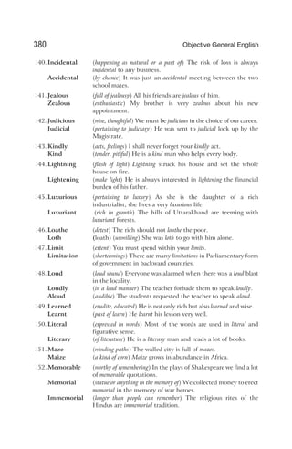 140. Incidental (happening as natural or a part of) The risk of loss is always
incidental to any business.
Accidental (by chance) It was just an accidental meeting between the two
school mates.
141. Jealous (full of jealousy) All his friends are jealous of him.
Zealous (enthusiastic) My brother is very zealous about his new
appointment.
142. Judicious (wise, thoughtful) We must be judicious in the choice of our career.
Judicial (pertaining to judiciary) He was sent to judicial lock up by the
Magistrate.
143. Kindly (acts, feelings) I shall never forget your kindly act.
Kind (tender, pitiful) He is a kind man who helps every body.
144. Lightning (flash of light) Lightning struck his house and set the whole
house on fire.
Lightening (make light) He is always interested in lightening the financial
burden of his father.
145. Luxurious (pertaining to luxury) As she is the daughter of a rich
industrialist, she lives a very luxurious life.
Luxuriant (rich in growth) The hills of Uttarakhand are teeming with
luxuriant forests.
146. Loathe (detest) The rich should not loathe the poor.
Loth (loath) (unwilling) She was loth to go with him alone.
147. Limit (extent) You must spend within your limits.
Limitation (shortcomings) There are many limitations in Parliamentary form
of government in backward countries.
148. Loud (loud sound) Everyone was alarmed when there was a loud blast
in the locality.
Loudly (in a loud manner) The teacher forbade them to speak loudly.
Aloud (audible) The students requested the teacher to speak aloud.
149. Learned (erudite, educated) He is not only rich but also learned and wise.
Learnt (past of learn) He learnt his lesson very well.
150. Literal (expressed in words) Most of the words are used in literal and
figurative sense.
Literary (of literature) He is a literary man and reads a lot of books.
151. Maze (winding paths) The walled city is full of mazes.
Maize (a kind of corn) Maize grows in abundance in Africa.
152. Memorable (worthy of remembering) In the plays of Shakespeare we find a lot
of memorable quotations.
Memorial (statue or anything in the memory of) We collected money to erect
memorial in the memory of war heroes.
Immemorial (longer than people can remember) The religious rites of the
Hindus are immemorial tradition.
380 Objective General English
 