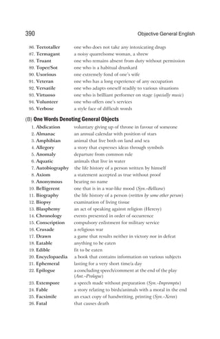86. Teetotaller one who does not take any intoxicating drugs
87. Termagant a noisy quarrelsome woman, a shrew
88. Truant one who remains absent from duty without permission
89. Toper/Sot one who is a habitual drunkard
90. Uxorious one extremely fond of one’s wife
91. Veteran one who has a long experience of any occupation
92. Versatile one who adapts oneself readily to various situations
93. Virtuoso one who is brilliant performer on stage (specially music)
94. Volunteer one who offers one’s services
95. Verbose a style face of difficult words
(B) One Words Denoting General Objects
1. Abdication voluntary giving up of throne in favour of someone
2. Almanac an annual calendar with position of stars
3. Amphibian animal that live both on land and sea
4. Allegory a story that expresses ideas through symbols
5. Anomaly departure from common rule
6. Aquatic animals that live in water
7. Autobiography the life history of a person written by himself
8. Axiom a statement accepted as true without proof
9. Anonymous bearing no name
10. Belligerent one that is in a war-like mood (Syn.–Bellicose)
11. Biography the life history of a person (written by some other person)
12. Biopsy examination of living tissue
13. Blasphemy an act of speaking against religion (Heresy)
14. Chronology events presented in order of occurrence
15. Conscription compulsory enlistment for military service
16. Crusade a religious war
17. Drawn a game that results neither in victory nor in defeat
18. Eatable anything to be eaten
19. Edible fit to be eaten
20. Encyclopaedia a book that contains information on various subjects
21. Ephemeral lasting for a very short time/a day
22. Epilogue a concluding speech/comment at the end of the play
(Ant.–Prologue)
23. Extempore a speech made without preparation (Syn.–Impromptu)
24. Fable a story relating to birds/animals with a moral in the end
25. Facsimile an exact copy of handwriting, printing (Syn.–Xerox)
26. Fatal that causes death
390 Objective General English
 
