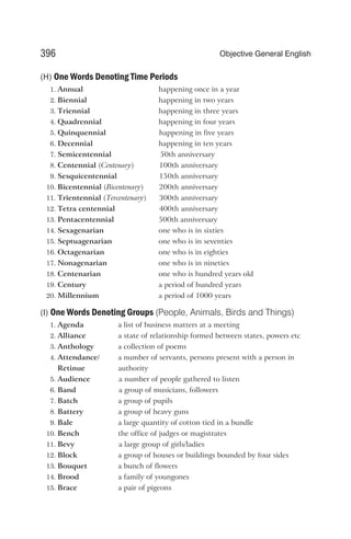 (H) One Words Denoting Time Periods
1. Annual happening once in a year
2. Biennial happening in two years
3. Triennial happening in three years
4. Quadrennial happening in four years
5. Quinquennial happening in five years
6. Decennial happening in ten years
7. Semicentennial 50th anniversary
8. Centennial (Centenary) 100th anniversary
9. Sesquicentennial 150th anniversary
10. Bicentennial (Bicentenary) 200th anniversary
11. Trientennial (Tercentenary) 300th anniversary
12. Tetra centennial 400th anniversary
13. Pentacentennial 500th anniversary
14. Sexagenarian one who is in sixties
15. Septuagenarian one who is in seventies
16. Octagenarian one who is in eighties
17. Nonagenarian one who is in nineties
18. Centenarian one who is hundred years old
19. Century a period of hundred years
20. Millennium a period of 1000 years
(I) One Words Denoting Groups (People, Animals, Birds and Things)
1. Agenda a list of business matters at a meeting
2. Alliance a state of relationship formed between states, powers etc
3. Anthology a collection of poems
4. Attendance/ a number of servants, persons present with a person in
Retinue authority
5. Audience a number of people gathered to listen
6. Band a group of musicians, followers
7. Batch a group of pupils
8. Battery a group of heavy guns
9. Bale a large quantity of cotton tied in a bundle
10. Bench the office of judges or magistrates
11. Bevy a large group of girls/ladies
12. Block a group of houses or buildings bounded by four sides
13. Bouquet a bunch of flowers
14. Brood a family of youngones
15. Brace a pair of pigeons
396 Objective General English
 