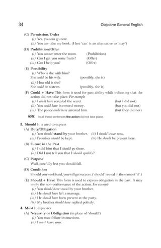 (C) Permission/Order
(i) Yes, you can go now.
(ii) You can take my book. (Here ‘can’ is an alternative to ‘may’)
(D) Prohibition/Offer
(i) You cannot enter the room. (Prohibition)
(ii) Can I get you some fruits? (Offer)
(iii) Can I help you? (Offer)
(E) Possibility
(i) Who is she with him?
She could be his wife. (possibly, she is)
(ii) How old is she?
She could be sixteen. (possibly, she is)
(F) Could + Have This form is used for past ability while indicating that the
action did not take place. For example
(i) I could have revealed the secret. (but I did not)
(ii) You could have borrowed money. (but you did not)
(iii) The police could have arrested him. (but they did not)
In all these sentences the action did not take place.
3. Should It is used to express
(A) Duty/Obligation
(i) You should stand by your brother. (ii) I should leave now.
(iii) Promises should be kept. (iv) He should be present here.
(B) Future in the Past
(i) I told him that I should go there.
(ii) Did I not tell you that I should qualify?
(C) Purpose
Walk carefully lest you should fall.
(D) Condition
Shouldyou workhard,you willget success.(‘should’isusedinthe senseof‘if’.)
(E) Should + Have This form is used to express obligation in the past. It may
imply the non-performance of the action. For example
(i) You should have stood by your brother.
(ii) He should have left a massage.
(iii) He should have been present at the party.
(iv) My brother should have replied politely.
4. Must It expresses
(A) Necessity or Obiligation (in place of ‘should’)
(i) You must follow instructions.
(ii) I must leave now.
34 Objective General English
NOTE
 