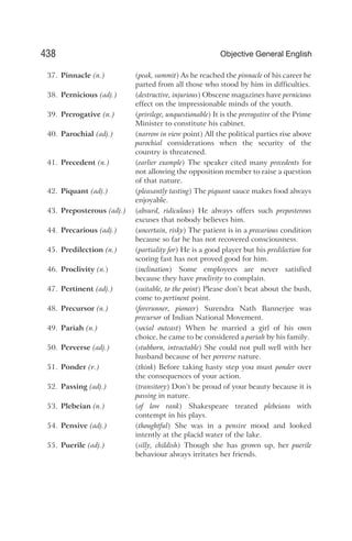 37. Pinnacle (n.) (peak, summit) As he reached the pinnacle of his career he
parted from all those who stood by him in difficulties.
38. Pernicious (adj.) (destructive, injurious) Obscene magazines have pernicious
effect on the impressionable minds of the youth.
39. Prerogative (n.) (privilege, unquestionable) It is the prerogative of the Prime
Minister to constitute his cabinet.
40. Parochial (adj.) (narrow in view point) All the political parties rise above
parochial considerations when the security of the
country is threatened.
41. Precedent (n.) (earlier example) The speaker cited many precedents for
not allowing the opposition member to raise a question
of that nature.
42. Piquant (adj.) (pleasantly tasting) The piquant sauce makes food always
enjoyable.
43. Preposterous (adj.) (absurd, ridiculous) He always offers such preposterous
excuses that nobody believes him.
44. Precarious (adj.) (uncertain, risky) The patient is in a precarious condition
because so far he has not recovered consciousness.
45. Predilection (n.) (partiality for) He is a good player but his predilection for
scoring fast has not proved good for him.
46. Proclivity (n.) (inclination) Some employees are never satisfied
because they have proclivity to complain.
47. Pertinent (adj.) (suitable, to the point) Please don’t beat about the bush,
come to pertinent point.
48. Precursor (n.) (forerunner, pioneer) Surendra Nath Bannerjee was
precursor of Indian National Movement.
49. Pariah (n.) (social outcast) When he married a girl of his own
choice, he came to be considered a pariah by his family.
50. Perverse (adj.) (stubborn, intractable) She could not pull well with her
husband because of her perverse nature.
51. Ponder (v.) (think) Before taking hasty step you must ponder over
the consequences of your action.
52. Passing (adj.) (transitory) Don’t be proud of your beauty because it is
passing in nature.
53. Plebeian (n.) (of low rank) Shakespeare treated plebeians with
contempt in his plays.
54. Pensive (adj.) (thoughtful) She was in a pensive mood and looked
intently at the placid water of the lake.
55. Puerile (adj.) (silly, childish) Though she has grown up, her puerile
behaviour always irritates her friends.
438 Objective General English
 