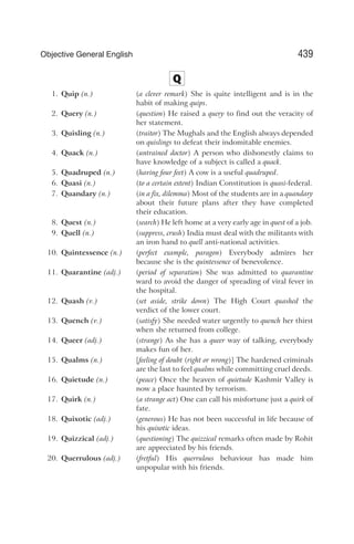 Q
1. Quip (n.) (a clever remark) She is quite intelligent and is in the
habit of making quips.
2. Query (n.) (question) He raised a query to find out the veracity of
her statement.
3. Quisling (n.) (traitor) The Mughals and the English always depended
on quislings to defeat their indomitable enemies.
4. Quack (n.) (untrained doctor) A person who dishonestly claims to
have knowledge of a subject is called a quack.
5. Quadruped (n.) (having four feet) A cow is a useful quadruped.
6. Quasi (n.) (to a certain extent) Indian Constitution is quasi-federal.
7. Quandary (n.) (in a fix, dilemma) Most of the students are in a quandary
about their future plans after they have completed
their education.
8. Quest (n.) (search) He left home at a very early age in quest of a job.
9. Quell (n.) (suppress, crush) India must deal with the militants with
an iron hand to quell anti-national activities.
10. Quintessence (n.) (perfect example, paragon) Everybody admires her
because she is the quintessence of benevolence.
11. Quarantine (adj.) (period of separation) She was admitted to quarantine
ward to avoid the danger of spreading of viral fever in
the hospital.
12. Quash (v.) (set aside, strike down) The High Court quashed the
verdict of the lower court.
13. Quench (v.) (satisfy) She needed water urgently to quench her thirst
when she returned from college.
14. Queer (adj.) (strange) As she has a queer way of talking, everybody
makes fun of her.
15. Qualms (n.) [feeling of doubt (right or wrong)] The hardened criminals
are the last to feel qualms while committing cruel deeds.
16. Quietude (n.) (peace) Once the heaven of quietude Kashmir Valley is
now a place haunted by terrorism.
17. Quirk (n.) (a strange act) One can call his misfortune just a quirk of
fate.
18. Quixotic (adj.) (generous) He has not been successful in life because of
his quixotic ideas.
19. Quizzical (adj.) (questioning) The quizzical remarks often made by Rohit
are appreciated by his friends.
20. Querrulous (adj.) (fretful) His querrulous behaviour has made him
unpopular with his friends.
439
Objective General English
 