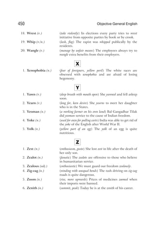 18. Wrest (v.) (take violently) In elections every party tries to wrest
initiative from opposite parties by hook or by crook.
19. Whip (v./n.) (lash, flog) The rapist was whipped publically by the
residents.
20. Wangle (v.) (manage by unfair means) The employees always try to
wangle extra benefits from their employers.
X
1. Xenophobia (n.) (fear of foreigners, yellow peril) The white races are
obsessed with xenophobia and are afraid of losing
hegemony.
Y
1. Yawn (v.) (deep breath with mouth open) She yawned and fell asleep
soon.
2. Yearn (v.) (long for, keen desire) She yearns to meet her daughter
who is in the States.
3. Yeoman (n.) (a working farmer on his own land) Bal Gangadhar Tilak
did yeoman service to the cause of Indian freedom.
4. Yoke (n.) (used for oxen for pulling carts) India was able to get rid of
the yoke of the English after World War II.
5. Yolk (n.) (yellow part of an egg) The yolk of an egg is quite
nutritious.
Z
1. Zest (n.) (enthusiasm, gusto) She lost zest in life after the death of
her only son.
2. Zealot (n.) (fanatic) The zealots are offensive to those who believe
in humanitarian service.
3. Zealous (adj.) (enthusiastic) We must guard our freedom zealously.
4. Zig-zag (n.) (winding with unequal bends) The rash driving on zig-zag
roads is quite dangerous.
5. Zoom (n.) (rise, move upwards) Prices of medicines zoomed when
their imports were banned.
6. Zenith (n.) (summit, peak) Today he is at the zenith of his career.
450 Objective General English
 