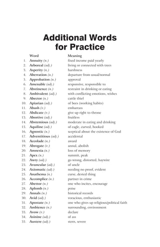 Additional Words
for Practice
Word Meaning
1. Annuity (n.) fixed income paid yearly
2. Arboreal (adj.) living or connected with trees
3. Asperity (n.) harshness
4. Aberration (n.) departure from usual/normal
5. Approbation (n.) approval
6. Amenable (adj.) responsive, responsible to
7. Abstinence (n.) restraint in drinking or eating
8. Ambivalent (adj.) with conflicting emotions, wishes
9. Abector (n.) cattle thief
10. Apiarian (adj.) of bees (working habits)
11. Abash (v.) embarrass
12. Abdicate (v.) give up right to throne
13. Abortive (adj.) fruitless
14. Abstemious (adj.) moderate in eating and drinking
15. Aquiline (adj.) of eagle, curved, hooked
16. Agnostic (n.) sceptical about the existence of God
17. Adventitious (adj.) accidental
18. Accolade (n.) award
19. Abrogate (v.) annul, abolish
20. Amnesia (n.) loss of memory
21. Apex (n.) summit, peak
22. Awry (adj.) go wrong, distorted, haywire
23. Avuncular (adj.) of uncle
24. Axiomatic (adj.) needing no proof, evident
25. Anathema (n.) curse, dested thing
26. Accomplice (n.) partner in crime
27. Abettor (n.) one who incites, encourage
28. Aplomb (n.) poise
29. Annals (n.) historical records
30. Avid (adj.) voracious, enthusiastic
31. Apostate (n.) one who gives up religious/political faith
32. Ambience (n.) surrounding, environment
33. Avow (v.) declare
34. Asinine (adj.) of ass
35. Austere (adj.) stern, severe
 