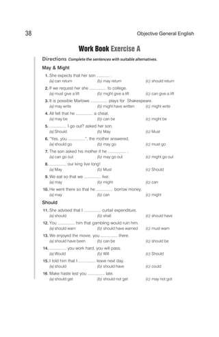 Work Book Exercise A
Directions Complete the sentences with suitable alternatives.
May & Might
1. She expects that her son ........... .
(a) can return (b) may return (c) should return
2. If we request her she ............... to college.
(a) must give a lift (b) might give a lift (c) can give a lift
3. It is possible Marlowe ............... plays for Shakespeare.
(a) may write (b) might have written (c) might write
4. All felt that he ............... a cheat.
(a) may be (b) can be (c) might be
5. ............... I go out? asked her son.
(a) Should (b) May (c) Must
6. “Yes, you ...............”, the mother answered.
(a) should go (b) may go (c) must go
7. The son asked his mother if he ................ .
(a) can go out (b) may go out (c) might go out
8. ............... our king live long!
(a) May (b) Must (c) Should
9. We eat so that we ............... live.
(a) may (b) might (c) can
10. He went there so that he ............... borrow money.
(a) may (b) can (c) might
Should
11. She advised that I ............... curtail expenditure.
(a) should (b) shall (c) should have
12. You ............... him that gambling would ruin him.
(a) should warn (b) should have warned (c) must warn
13. We enjoyed the movie, you ............... there.
(a) should have been (b) can be (c) should be
14. ............... you work hard, you will pass.
(a) Would (b) Will (c) Should
15. I told him that I ............... leave next day.
(a) should (b) should have (c) could
16. Make haste lest you ............... late.
(a) should get (b) should not get (c) may not got
38 Objective General English
 