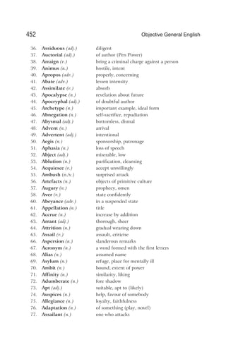 36. Assiduous (adj.) diligent
37. Auctorial (adj.) of author (Pen Power)
38. Arraign (v.) bring a criminal charge against a person
39. Animus (n.) hostile, intent
40. Apropos (adv.) properly, concerning
41. Abate (adv.) lessen intensity
42. Assimilate (v.) absorb
43. Apocalypse (n.) revelation about future
44. Apocryphal (adj.) of doubtful author
45. Archetype (n.) important example, ideal form
46. Abnegation (n.) self-sacrifice, repudiation
47. Abysmal (adj.) bottomless, dismal
48. Advent (n.) arrival
49. Advertent (adj.) intentional
50. Aegis (n.) sponsorship, patronage
51. Aphasia (n.) loss of speech
52. Abject (adj.) miserable, low
53. Ablution (n.) purification, cleansing
54. Acquiesce (v.) accept unwillingly
55. Ambush (n./v.) surprised attack
56. Artefacts (n.) objects of primitive culture
57. Augury (n.) prophecy, omen
58. Aver (v.) state confidently
60. Abeyance (adv.) in a suspended state
61. Appellation (n.) title
62. Accrue (n.) increase by addition
63. Arrant (adj.) thorough, sheer
64. Attrition (n.) gradual wearing down
65. Assail (v.) assault, criticise
66. Aspersion (n.) slanderous remarks
67. Acronym (n.) a word formed with the first letters
68. Alias (n.) assumed name
69. Asylum (n.) refuge, place for mentally ill
70. Ambit (n.) bound, extent of power
71. Affinity (n.) similarity, liking
72. Adumberate (n.) fore shadow
73. Apt (adj.) suitable, apt to (likely)
74. Auspices (n.) help, favour of somebody
75. Allegiance (n.) loyalty, faithfulness
76. Adaptation (n.) of something (play, novel)
77. Assailant (n.) one who attacks
452 Objective General English
 