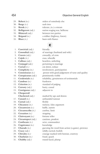 29. Behest (n.) orders of somebody else
30. Barge (v.) rush into
31. Brook (v.) tolerate, (n.) a stream
32. Belligerent (adj.) nation waging war, bellicose
33. Bilateral (adj.) between two parties
34. Brigand (n.) a robber (highway, forest)
35. Blaze (v.) burn with flames
C
1. Convivial (adj.) friendly
2. Connubial (adj.) of marriage (husband and wife)
3. Craven (adj.) cowardly, of crow
4. Cajole (v.) coax, wheedle
5. Callous (adj.) heartless, unfeeling
6. Conjugal (adj.) pertaining to marriage
7. Curtail (v.) cut down, reduce
8. Complicity (n.) involvement, participation
9. Connoisseur (n.) person with good judgement of taste and quality
10. Conspicuous (adj.) prominently visible
11. Credentials (n.) reliability, genuineness of testimonials
12. Candour (n.) frankness
13. Criterion (n.) standard of judging
14. Cursory (adj.) hasty, casual
15. Contiguous (adj.) adjacent to
16. Chequered/
Checkered (adj.) marked by ups and downs
17. Canard (n.) unfounded rumour
18. Carnal (adj.) fleshly
19. Chicanery (n.) trickery, false argument
20. Circumvent (v.) baffle, outwit
21. Circumscribe (v.) confine, limit
22. Cessation (n.) stopping
23. Clairvoyant (n.) fortune teller
24. Circumspect (adj.) cautious, prudent
25. Confiscate (v.) seize, commandeer
26. Cognizance (n.) knowledge
27. Charade (n.) guessing the word from action (a game), pretence
28. Crazy (adj.) wildly excited, foolish
29. Chivalry (n.) courage marked with honour, courtesy
30. Charlatan (n.) fraud, quack
31. Chubby (adj.) round faced, plump
454 Objective General English
 