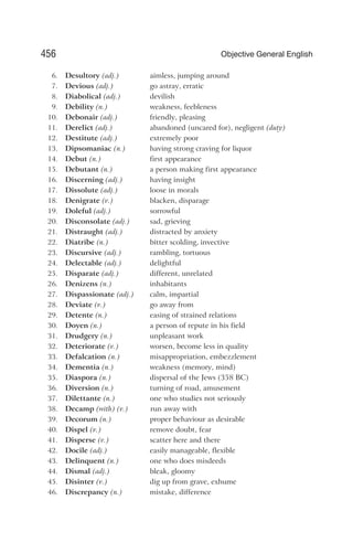 6. Desultory (adj.) aimless, jumping around
7. Devious (adj.) go astray, erratic
8. Diabolical (adj.) devilish
9. Debility (n.) weakness, feebleness
10. Debonair (adj.) friendly, pleasing
11. Derelict (adj.) abandoned (uncared for), negligent (duty)
12. Destitute (adj.) extremely poor
13. Dipsomaniac (n.) having strong craving for liquor
14. Debut (n.) first appearance
15. Debutant (n.) a person making first appearance
16. Discerning (adj.) having insight
17. Dissolute (adj.) loose in morals
18. Denigrate (v.) blacken, disparage
19. Doleful (adj.) sorrowful
20. Disconsolate (adj.) sad, grieving
21. Distraught (adj.) distracted by anxiety
22. Diatribe (n.) bitter scolding, invective
23. Discursive (adj.) rambling, tortuous
24. Delectable (adj.) delightful
25. Disparate (adj.) different, unrelated
26. Denizens (n.) inhabitants
27. Dispassionate (adj.) calm, impartial
28. Deviate (v.) go away from
29. Detente (n.) easing of strained relations
30. Doyen (n.) a person of repute in his field
31. Drudgery (n.) unpleasant work
32. Deteriorate (v.) worsen, become less in quality
33. Defalcation (n.) misappropriation, embezzlement
34. Dementia (n.) weakness (memory, mind)
35. Diaspora (n.) dispersal of the Jews (358 BC)
36. Diversion (n.) turning of road, amusement
37. Dilettante (n.) one who studies not seriously
38. Decamp (with) (v.) run away with
39. Decorum (n.) proper behaviour as desirable
40. Dispel (v.) remove doubt, fear
41. Disperse (v.) scatter here and there
42. Docile (adj.) easily manageable, flexible
43. Delinquent (n.) one who does misdeeds
44. Dismal (adj.) bleak, gloomy
45. Disinter (v.) dig up from grave, exhume
46. Discrepancy (n.) mistake, difference
456 Objective General English
 