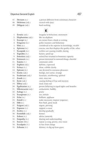 47. Deviant (n.) a person different from customary character
48. Delirious (adj.) excited with (joy)
49. Diligent (adj.) hard working
E
1. Erratic (adj.) irregular in behaviour, movement
2. Elephantine (adj.) like an elephant
3. Excerpt (n.) an extract from a book or writing
4. Etiquette (n.) polite manners and behaviour
5. Elite (n.) considered to be superior in knowledge, wealth
6. Epitome (n.) concise, one that displays the quality of the other
7. Escapade (n.) reckless act causing trouble, daring
8. Expedite (v.) hasten, speed up
9. Emeritus (adj.) retired but retained in honorary capacity
10. Extrovert (n.) person interested in outward things, cheerful
11. Enjoin (v.) command, order
12. Explicit (adj.) definite, expressed
13. Evince (v.) show, exhibit clearly
14. Epicure (n.) one devoted to sensuous pleasures
15. Exotic (adj.) foreign, not native, strange
16. Exuberant (adj.) luxuriant, overflowing, spirited
17. Exude (v.) emit, ooze out
18. Eerie (adj.) causing feeling of fear and mystery
19. Effete (adj.) tired, worn out
20. Egalitarian (n.) person believing in equal rights and benefits
21. Effervescent (adj.) enthusiastic, bubbly
22. Eulogy (n.) praise
23. Exasperate (v.) vex, irritate
24. Eclat (n.) brilliant, applause
25. Entail (v.) make necessary, impose (expense)
26. Ebb (v.) flow back, grow weak
27. Exigent (adj.) urgent, pressing
28. Espouse (v.) support a cause
29. Evolve (v.) develop gradually
30. Erstwhile (adj.) former
31. Exhort (v.) advise earnestly
32. Empathy (n.) sharing and understanding
33. Encore (Int.) repeat (a song, poem), once more
34. Exculpate (v.) to free from charge
35. Exhume (v.) disinter, to dig up from grave
457
Objective General English
 