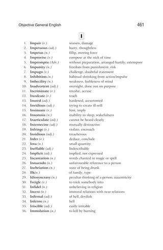 I
1. Impair (v.) worsen, damage
2. Impetuous (adj.) hasty, thoughtless
3. Impetus (n.) fillip, moving force
4. Improvise (v.) compose at the nick of time
5. Impromptu (Adv.) without preparation, arranged hastily, extempore
6. Impunity (n.) freedom from punishment, risk
7. Impugn (v.) challenge, doubtful statement
8. Inhibition (n.) habitual shrinking from action/impulse
9. Imbecility (n.) weakness, feebleness of mind
10. Inadvertent (adj.) oversight, done not on purpose
11. Incriminate (v.) involve, accuse
12. Inculcate (v.) teach
13. Inured (adj.) hardened, accustomed
14. Invidious (adj.) trying to create ill-will
15. Insinuate (v.) hint, imply
16. Insomnia (n.) inability to sleep, wakefulness
17. Inarticulate (adj.) cannot be heard clearly
18. Internecine (adj.) mutually destructive
19. Infringe (v.) violate, encroach
20. Insidious (adj.) treacherous
21. Infer (v.) deduce, conclude
22. Iota (n.) small quantity
23. Ineffable (adj.) Indescribable
24. Implicit (adj.) implied, not expressed
25. Incantation (n.) words chanted in magic or spell
26. Innuendo (n.) unfavourable reference to a person
27. Inebriation (n.) state of being drunk
28. Ilk(n.) of family, type
29. Idiosyncrasy (n.) peculiar thinking of a person, eccentricity
30. Iveigle (v.) to trick somebody into
31. Infidel (n.) unbelieving in religion
32. Incest (n.) immoral relations with near relations
33. Infernal (adj.) of hell, devilish
34. Inferno (n.) hell
35. Iriscible (adj.) easily irritable
36. Immolation (n.) to kill by burning
461
Objective General English
 