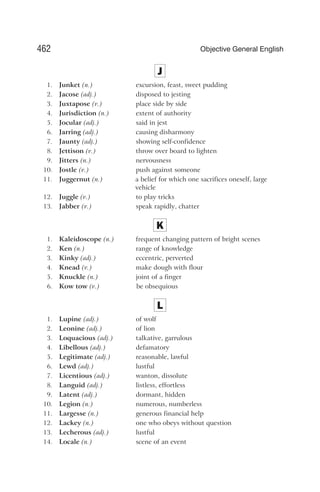 J
1. Junket (n.) excursion, feast, sweet pudding
2. Jacose (adj.) disposed to jesting
3. Juxtapose (v.) place side by side
4. Jurisdiction (n.) extent of authority
5. Jocular (adj.) said in jest
6. Jarring (adj.) causing disharmony
7. Jaunty (adj.) showing self-confidence
8. Jettison (v.) throw over board to lighten
9. Jitters (n.) nervousness
10. Jostle (v.) push against someone
11. Juggernut (n.) a belief for which one sacrifices oneself, large
vehicle
12. Juggle (v.) to play tricks
13. Jabber (v.) speak rapidly, chatter
K
1. Kaleidoscope (n.) frequent changing pattern of bright scenes
2. Ken (n.) range of knowledge
3. Kinky (adj.) eccentric, perverted
4. Knead (v.) make dough with flour
5. Knuckle (n.) joint of a finger
6. Kow tow (v.) be obsequious
L
1. Lupine (adj.) of wolf
2. Leonine (adj.) of lion
3. Loquacious (adj.) talkative, garrulous
4. Libellous (adj.) defamatory
5. Legitimate (adj.) reasonable, lawful
6. Lewd (adj.) lustful
7. Licentious (adj.) wanton, dissolute
8. Languid (adj.) listless, effortless
9. Latent (adj.) dormant, hidden
10. Legion (n.) numerous, numberless
11. Largesse (n.) generous financial help
12. Lackey (n.) one who obeys without question
13. Lecherous (adj.) lustful
14. Locale (n.) scene of an event
462 Objective General English
 