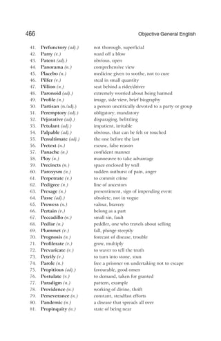 41. Prefunctory (adj.) not thorough, superficial
42. Parry (v.) ward off a blow
43. Patent (adj.) obvious, open
44. Panorama (n.) comprehensive view
45. Placebo (n.) medicine given to soothe, not to cure
46. Pilfer (v.) steal in small quantity
47. Pillion (n.) seat behind a rider/driver
48. Paronoid (adj.) extremely worried about being harmed
49. Profile (n.) image, side view, brief biography
50. Partisan (n./adj.) a person uncritically devoted to a party or group
51. Peremptory (adj.) obligatory, mandatory
52. Pejorative (adj.) disparaging, belittling
53. Petulant (adj.) impatient, irritable
54. Palpable (adj.) obvious, that can be felt or touched
55. Penultimate (adj.) the one before the last
56. Pretext (n.) excuse, false reason
57. Panache (n.) confident manner
58. Ploy (n.) manoeuvre to take advantage
59. Precincts (n.) space enclosed by wall
60. Paroxysm (n.) sudden outburst of pain, anger
61. Perpetrate (v.) to commit crime
62. Pedigree (n.) line of ancestors
63. Presage (n.) presentiment, sign of impending event
64. Passe (adj.) obsolete, not in vogue
65. Prowess (n.) valour, bravery
66. Pertain (v.) belong as a part
67. Peccadillo (n.) small sin, fault
68. Pedlar (n.) peddler, one who travels about selling
69. Plummet (v.) fall, plunge steepily
70. Prognosis (n.) forecast of disease, trouble
71. Profilerate (v.) grow, multiply
72. Prevaricate (v.) to waver to tell the truth
73. Petrify (v.) to turn into stone, stun
74. Parole (n.) free a prisoner on undertaking not to escape
75. Propitious (adj.) favourable, good omen
76. Postulate (v.) to demand, taken for granted
77. Paradigm (n.) pattern, example
78. Providence (n.) working of divine, thrift
79. Perseverance (n.) constant, steadfast efforts
80. Pandemic (n.) a disease that spreads all over
81. Propinquity (n.) state of being near
466 Objective General English
 