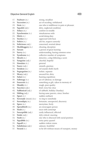 17. Stalwart (n.) strong, steadfast
18. Secession (n.) act of seceding, withdrawal
19. Stoic (n.) one who is indifferent to pain or pleasure
20. Squalid (adj.) dirty, neglected condition
21. Solace (n.) comfort in trouble
22. Synchronise (v.) simultaneous with
23. Shirk (v.) avoid doing duty
24. Swelter (v.) oppressed with heat
25. Solicit (v.) ask for, request earnestly
26. Solicitous (adj.) concerned, worried about
27. Skullduggery (n.) cheating, deception
28. Savant a person of great learning
29. Savvy (n.) understanding, having common sense
30. Syndrome (n.) collective number of symptoms
31. Sleuth (n.) detective, a dog following a scent
32. Sanguine (adj.) cheerful, hopeful
33. Simulate (v.) pretend
34. Suave (adj.) smooth, gracious
35. Strident (n.) (of sound) shrill, harsh
36. Segregation (n.) isolate, separate
37. Sleazy (adj.) uncared for, dirty
38. Safari (n.) hunting expedition
39. Sabotage (v.) act of saboteur, to damage
40. Souvenir (n.) something as gift, taken in memory of
41. Shoddy (v.) rough, poor quality
42. Succinct (adj.) brief, terse but clear
43. Sabbatical (adj.) of sabbath, holiday (Sunday)
44. Sibling (adj.) having same parents, sister, brother
45. Spurt (v.) sudden outburst
46. Serenade (music) (n.) to sing to somebody
47. Serendipty (n.) fortunate, unexpected, discovery
48. Spree (n.) merrytime, lively
49. Spendthrift (n.) an extravagant person
50. Snub (v.) treat with contempt
51. Susceptible (adj.) easily influenced, affected
52. Snide (adj.) slyly critical, sneering
53. Snob (n.) one who is obsessed with social position
54. Squabble (n.) noisy petty quarrel
55. Squall (n.) sudden violent storm
56. Salubrious (adj.) salutary, healthful
57. Strand (v.) to be left without means of transport, money
469
Objective General English
 