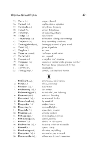35. Thrive (v.) prosper, flourish
36. Turmoil (n.) trouble, violent agitation
37. Turpitude (n.) wickedness, depravity
38. Tumult (n.) uproar, disturbance
39. Tumble (v.) fall suddenly, collapse
40. Trudge (v.) walk wearily
41. Temperance (n.) moderation (eating and drinking)
42. Temporise (v.) delay in making a decision
43. Thorough-bred (adj.) thoroughly trained, of pure breed
44. Tinsel (adj.) glitter, superficial
45. Topple (v.) overturn
46. Topsy turvy (adj.) confusion, upside down
47. Torrid (adj.) hot, tropical
48. Treason (n.) betrayal of one’s country
49. Thesaurus (n.) treasury of similar words, grouped together
50. Tango (n.) American dance with marked rhythm
51. Traverse (v.) travel across
52. Termagant (n.) a shrew, a quarrelsome woman
U
1. Untoward (adj.) unfortunate, unfavourable
2. Usher (n.) herald, announce
3. Umpteen (adj.) many times
4. Unassuming (adj.) shy, modest
5. Unbecoming (adj.) not suited to, not befitting
6. Unctuous (adj.) insincere, flattering
7. Undaunted (adj.) not daunted, fearless
8. Under-hand (adj.) sly, deceitful
9. Undermine (v.) weaken, lessen
10. Under-dog (n.) poor and helpless
11. Undertake (v.) agree, start, promise
12. Unerring (adj.) accurate faultless
13. Unflagging (v.) uninterrupted, untiring
14. Unflinching (adj.) fearless, resolute
15. Unleash (v.) release, set into action
16. Unobtrusive (adj.) not easily visible or noticeable
17. Unravel (v.) expose, clarify
18. Unrelenting (adj.) relentless, unyielding
19. Unrequited (adj.) unrewarded, not returned
20. Unreservedly (adj.) without restrictions/reservation
471
Objective General English
 