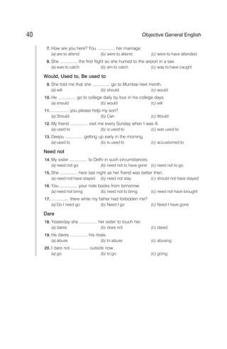 7. How are you here? You ............... her marriage.
(a) are to attend (b) were to attend (c) were to have attended
8. She ............... the first flight so she hurried to the airport in a taxi.
(a) was to catch (b) am to catch (c) was to have caught
Would, Used to, Be used to
9. She told me that she ............... go to Mumbai next month.
(a) will (b) should (c) would
10. He ............... go to college daily by bus in his college days.
(a) should (b) would (c) will
11. ............... you please help my son?
(a) Should (b) Can (c) Would
12. My friend ............... visit me every Sunday when I was ill.
(a) used to (b) is used to (c) was used to
13. Deepu ............... getting up early in the morning.
(a) used to (b) is used to (c) accustomed to
Need not
14. My sister ............... to Delhi in such circumstances.
(a) need not go (b) need not to have gone (c) need not to go
15. She ............... here last night as her friend was better then.
(a) need not have stayed (b) need not stay (c) should not have stayed
16. You ............... your note books from tomorrow.
(a) need not bring (b) need not to bring (c) need not have brought
17. ............... there while my father had forbidden me?
(a) Do I need go (b) Need I go (c) Need I have gone
Dare
18. Yesterday she ............... her sister to touch her.
(a) dares (b) does not (c) dared
19. He dares ............... his rivals.
(a) abuse (b) to abuse (c) abusing
20. I dare not ............... outside now.
(a) go (b) to go (c) going
40 Objective General English
 