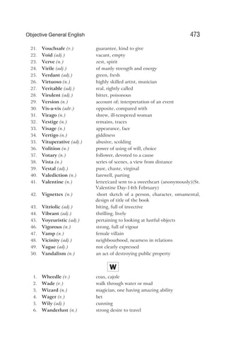 21. Vouchsafe (v.) guarantee, kind to give
22. Void (adj.) vacant, empty
23. Verve (n.) zest, spirit
24. Virile (adj.) of manly strength and energy
25. Verdant (adj.) green, fresh
26. Virtuoso (n.) highly skilled artist, musician
27. Veritable (adj.) real, rightly called
28. Virulent (adj.) bitter, poisonous
29. Version (n.) account of; interpretation of an event
30. Vis-a-vis (adv.) opposite, compared with
31. Virago (n.) shrew, ill-tempered woman
32. Vestige (n.) remains, traces
33. Visage (n.) appearance, face
34. Vertigo (n.) giddiness
35. Vituperative (adj.) abusive, scolding
36. Volition (n.) power of using of will, choice
37. Votary (n.) follower, devoted to a cause
38. Vista (n.) series of scenes, a view from distance
39. Vestal (adj.) pure, chaste, virginal
40. Valediction (n.) farewell, parting
41. Valentine (n.) letter/card sent to a sweetheart (anonymously)(St.
Valentine Day-14th February)
42. Vignettes (n.) short sketch of a person, character, ornamental,
design of title of the book
43. Vitriolic (adj.) biting, full of invective
44. Vibrant (adj.) thrilling, lively
45. Voyeuristic (adj.) pertaining to looking at lustful objects
46. Vigorous (n.) strong, full of vigour
47. Vamp (n.) female villain
48. Vicinity (adj.) neighbourhood, nearness in relations
49. Vague (adj.) not clearly expressed
50. Vandalism (n.) an act of destroying public property
W
1. Wheedle (v.) coax, cajole
2. Wade (v.) walk through water or mud
3. Wizard (n.) magician, one having amazing ability
4. Wager (v.) bet
5. Wily (adj.) cunning
6. Wanderlust (n.) strong desire to travel
473
Objective General English
 