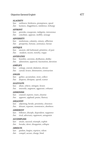 ALACRITY
Syn: swiftness, briskness, promptness, speed
Ant: laziness, sluggishness, indolence, lethargy
AFFRONT
Syn: provoke, exasperate, indignity, irreverence
Ant: conciliate, appease, mollify, assuage
ADVERSITY
Syn: misfortune, calamity, misery, affliction
Ant: prosperity, fortune, assistance, favour
ANTIQUE
Syn: ancient, old fashioned, primitive, of past
Ant: modern, recent, novelty, vogue
ANTIPATHY
Syn: hostility, aversion, disillusion, dislike
Ant: admiration, approval, fascination, devotion
AMPLIFY
Syn: enlarge, extend, dialation, elevate
Ant: curtail, lessen, diminution, contraction
AMASS
Syn: gather, accumulate, store, collect
Ant: disperse, dissipate, spend, scatter
ALLEVIATE
Syn: abate, relieve, mitigate, lessen
Ant: intensify, augment, aggravate, enhance
ADMONISH
Syn: counsel, reprove, warn, chastise
Ant: approve, applaud, praise, flattery
ADJACENT
Syn: adjoining, beside, proximity, closeness
Ant: distant, separate, remoteness, aloofness
ADHERENT
Syn: follower, disciple, dependent, supporter
Ant: rival, adversary, opponent, antagonist
ACCOMPLISH
Syn: attain, succeed, triumph, exploit
Ant: forsake, deter, disappoint, collapse
ABSOLVE
Syn: pardon, forgive, reprieve, relent
Ant: compel, accuse, charge, bind
477
Objective General English
 