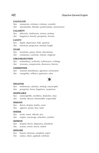 CALCULATE
Syn: enumerate, estimate, evaluate, consider
Ant: miscalculate, blunder, predetermine, misconceive
CALAMITY
Syn: adversity, misfortune, misery, mishap
Ant: happiness, benefit, prosperity, fortune
CAVITY
Syn: depth, depression, hole, aperture
Ant: elevation, projection, mound, height
CEASE
Syn: terminate, pause, desist, discontinue
Ant: commence, continue, initiate, originate
CIRCUMLOCUTION
Syn: redundancy, verbosity, tediousness, verbiage
Ant: terseness, compression, directness, brevity
COMMOTION
Syn: turmoil, disturbance, agitation, excitement
Ant: tranquility, stillness, quietness, calm
D
DISASTER
Syn: misfortune, calamity, mishap, catastrophe
Ant: prosperity, boon, happiness, auspicious
DESPICABLE
Syn: contemptible, worthless, shameless, base
Ant: worthy, decent, honourable, respectable
DISDAIN
Syn: detest, despise, loathe, scorn
Ant: approve, praise, love, laud
DERIDE
Syn: mock, taunt, ridicule, jeer
Ant: inspire, encourage, stimulate, comfort
DEPRIVE
Syn: despoil, divest, dispossess, disinherit
Ant: restore, renew, invest, endow
DEPLORE
Syn: lament, bemoan, complain, regret
Ant: rejoice, cheer, applaud, celebrate
482 Objective General English
 