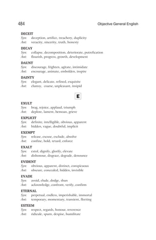 DECEIT
Syn: deception, artifice, treachery, duplicity
Ant: veracity, sincerity, truth, honesty
DECAY
Syn: collapse, decomposition, deteriorate, putrefication
Ant: flourish, progress, growth, development
DAUNT
Syn: discourage, frighten, agitate, intimidate
Ant: encourage, animate, embolden, inspire
DAINTY
Syn: elegant, delicate, refined, exquisite
Ant: clumsy, coarse, unpleasant, insipid
E
EXULT
Syn: brag, rejoice, applaud, triumph
Ant: deplore, lament, bemoan, grieve
EXPLICIT
Syn: definite, intelligible, obvious, apparent
Ant: hidden, vague, doubtful, implicit
EXEMPT
Syn: release, excuse, exclude, absolve
Ant: confine, hold, retard, enforce
EXALT
Syn: extol, dignify, glorify, elevate
Ant: dishonour, disgrace, degrade, denounce
EVIDENT
Syn: obvious, apparent, distinct, conspicuous
Ant: obscure, concealed, hidden, invisible
EVADE
Syn: avoid, elude, dodge, shun
Ant: acknowledge, confront, verify, confirm
ETERNAL
Syn: perpetual, endless, imperishable, immortal
Ant: temporary, momentary, transient, fleeting
ESTEEM
Syn: respect, regards, honour, reverence
Ant: ridicule, spurn, despise, humilitate
484 Objective General English
 