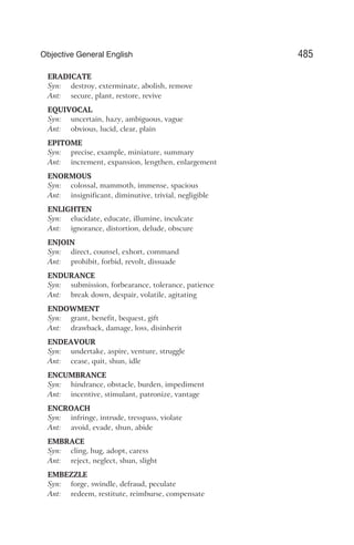 ERADICATE
Syn: destroy, exterminate, abolish, remove
Ant: secure, plant, restore, revive
EQUIVOCAL
Syn: uncertain, hazy, ambiguous, vague
Ant: obvious, lucid, clear, plain
EPITOME
Syn: precise, example, miniature, summary
Ant: increment, expansion, lengthen, enlargement
ENORMOUS
Syn: colossal, mammoth, immense, spacious
Ant: insignificant, diminutive, trivial, negligible
ENLIGHTEN
Syn: elucidate, educate, illumine, inculcate
Ant: ignorance, distortion, delude, obscure
ENJOIN
Syn: direct, counsel, exhort, command
Ant: prohibit, forbid, revolt, dissuade
ENDURANCE
Syn: submission, forbearance, tolerance, patience
Ant: break down, despair, volatile, agitating
ENDOWMENT
Syn: grant, benefit, bequest, gift
Ant: drawback, damage, loss, disinherit
ENDEAVOUR
Syn: undertake, aspire, venture, struggle
Ant: cease, quit, shun, idle
ENCUMBRANCE
Syn: hindrance, obstacle, burden, impediment
Ant: incentive, stimulant, patronize, vantage
ENCROACH
Syn: infringe, intrude, tresspass, violate
Ant: avoid, evade, shun, abide
EMBRACE
Syn: cling, hug, adopt, caress
Ant: reject, neglect, shun, slight
EMBEZZLE
Syn: forge, swindle, defraud, peculate
Ant: redeem, restitute, reimburse, compensate
485
Objective General English
 