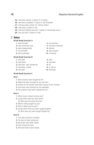 55. ‘had been writing’ in place of ‘is writing’.
56. ‘will have completed’ in place of ‘will complete’.
57. ‘will have been written’ for ‘will be written’.
58. ‘was lying’ is place of ‘lay’.
59. ‘will have already returned’ in place of ‘will already return’.
60. ‘has just had’ in place of ‘had’.
2. Voice
Work Book Exercise A
1. was annoyed 2. be punished
3. was convinced, was 4. has been enforced
5. were disappointed 6. behave
7. be entrusted 8. was amazed
9. will be pleased 10. is bearing
Work Book Exercise B
1. has been 2. were
3. have been 4. has been
5. had been, was transferred 6. be
7. had been, visited 8. is, will be
9. has been 10. had been
Work Book Exercise C
Rule I
1. New scissors were bought by him.
2. News has been brought for you by them.
3. Orders for his transfer have been issued by the minister.
4. Summons was received by me yesterday.
5. His quarters have been repaired by him.
Rule II
1. Which book is liked most by you?
2. (a) By whom was this work done?
(b) Who was this work done by?
3. What is being taught by you?
4. Who is liked most by you?
5. (a) By whom have you been taught English?
(b) Who have you been taught English by?
Rule III
1. This wall cannot be mended.
2. He was not seen going out.
3. My books have been stolen.
4. Duty should be done.
5. We were told to wait outside.
46 Objective General English
 
